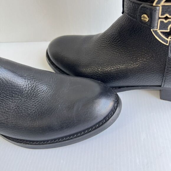 Tory Burch Black Leather Amanda Tall Riding Boots Size 6.5 Big Logo - Picture 3 of 16
